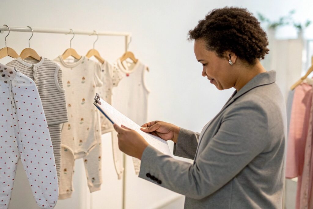 A business owner reviewing a checklist while inspecting kids' clothing samples