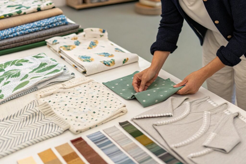 Business owner selecting fabric samples for children's clothing
