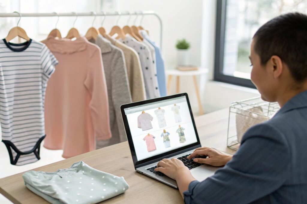 Business owner setting up an e-commerce store, selecting kids' clothing for sale