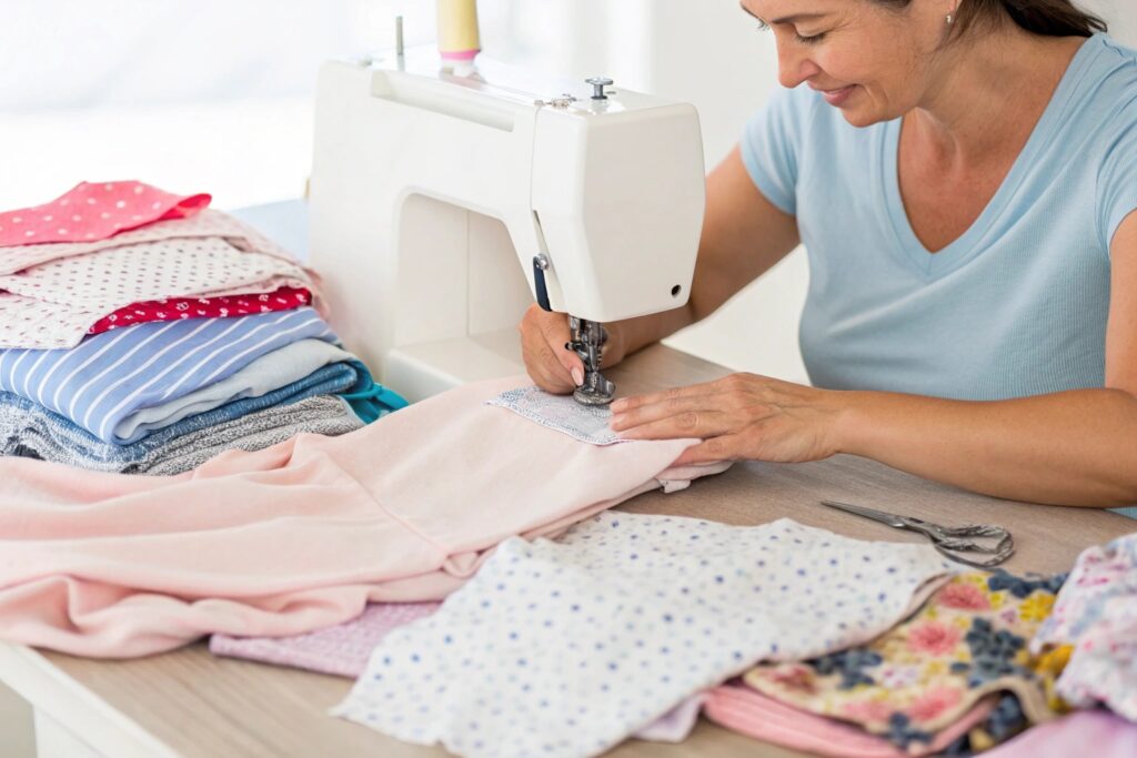 Woman sewing colorful baby clothes with sewing machine