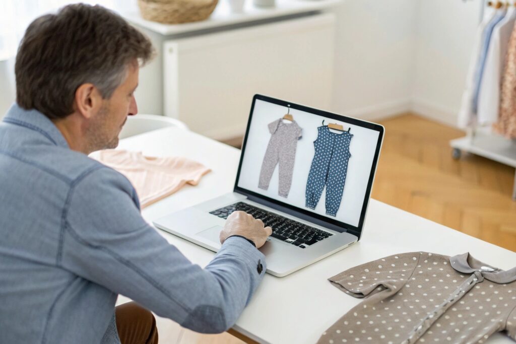 Business owner viewing kidswear designs on laptop