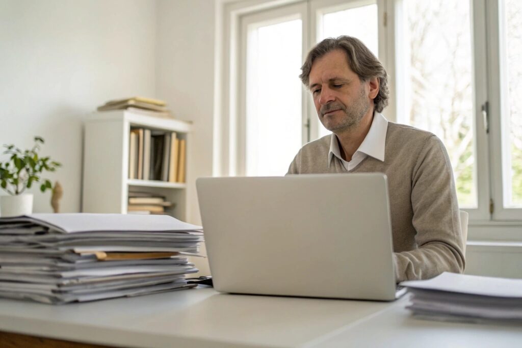 A person writing an email on a laptop surrounded by paperwork