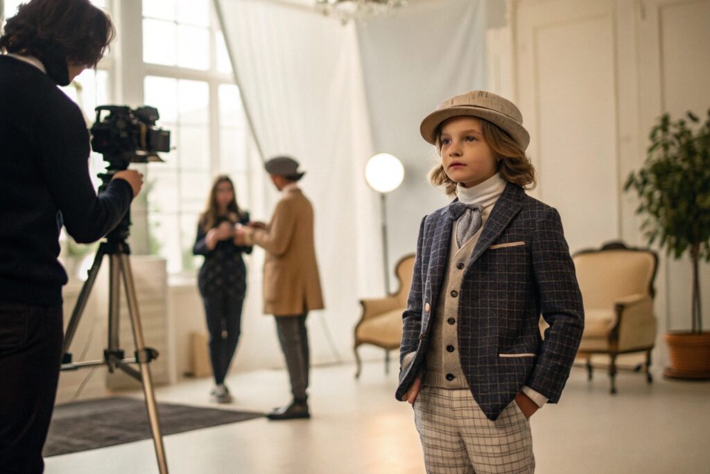 Child model at fashion photoshoot