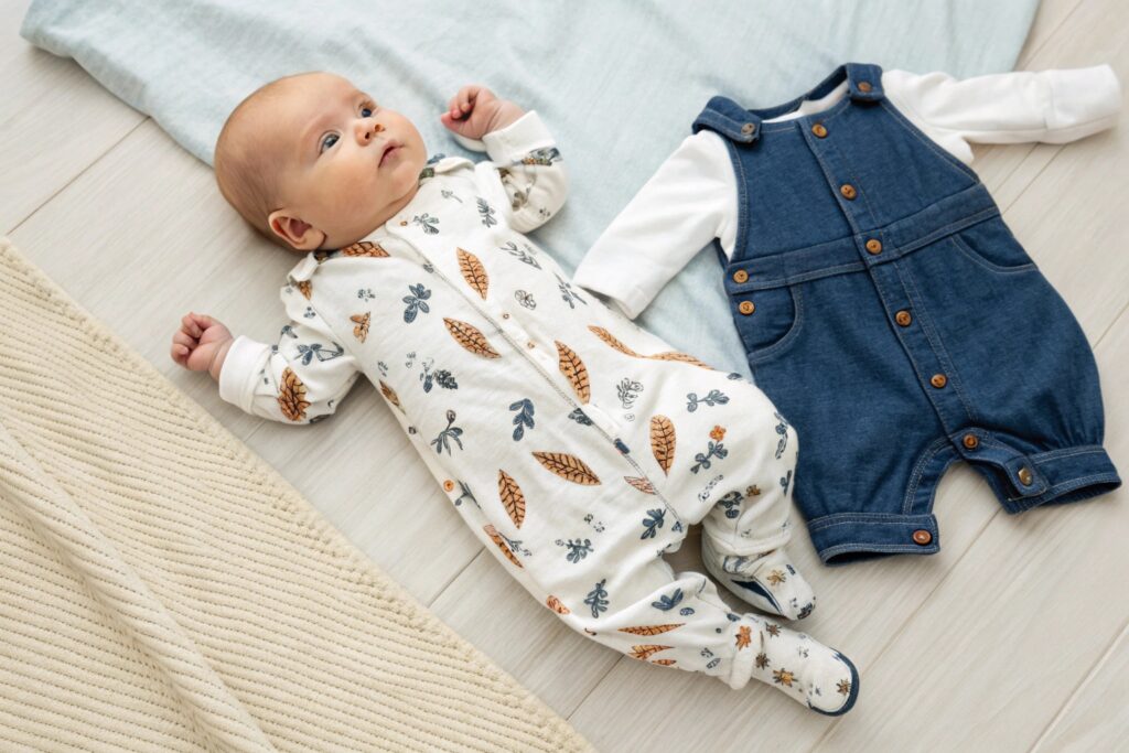 Newborn baby wearing printed cotton romper beside denim outfit