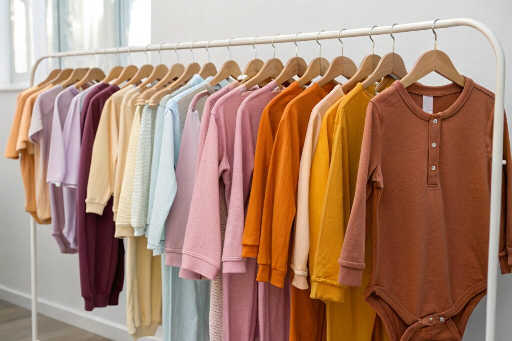 Clothing rack displaying kids' long-sleeve cotton onesies in various colors