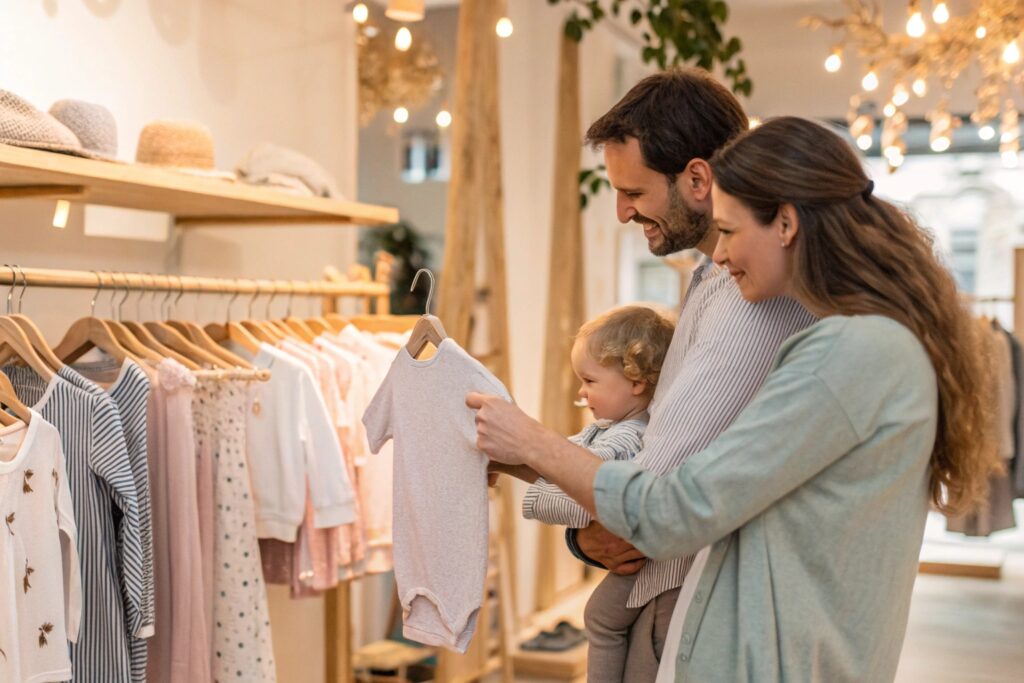 High-income family shopping for kids' clothes in a boutique store, looking at a baby onesie