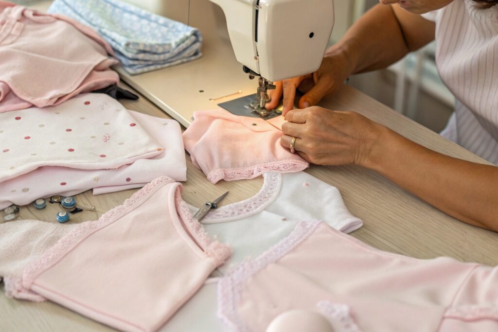 Seamstress sewing baby clothes