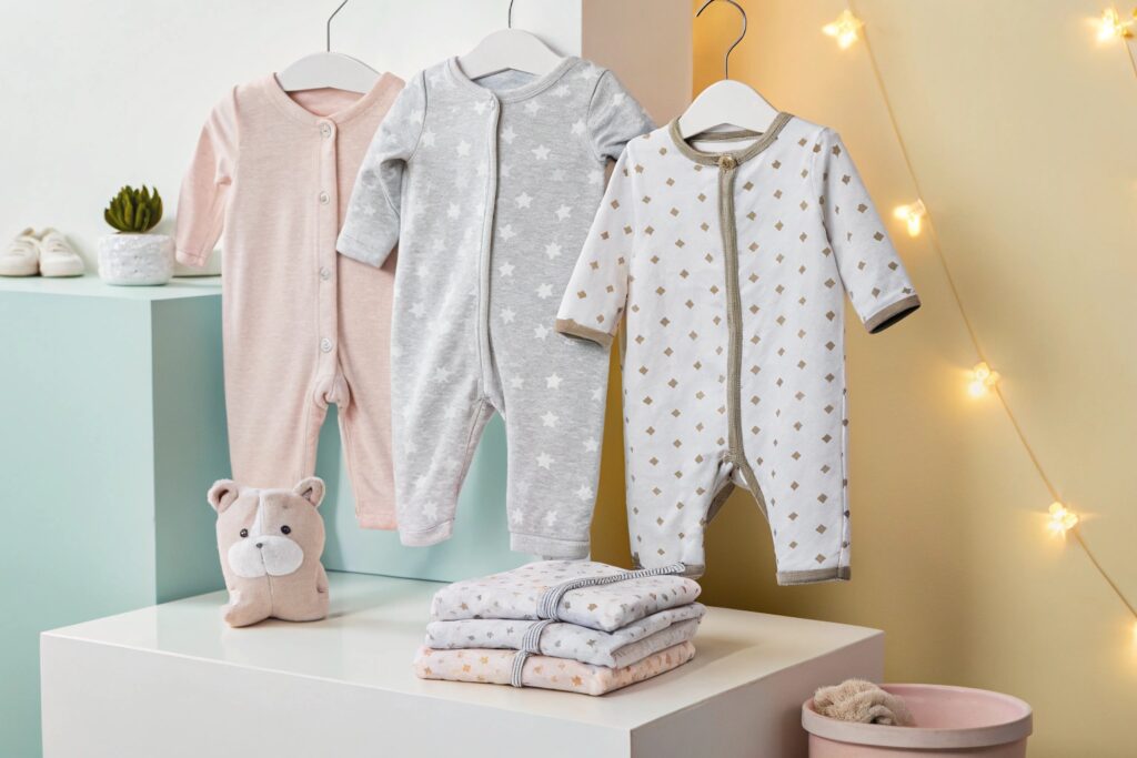 baby onesies with star and diamond patterns displayed with accessories, soft colors