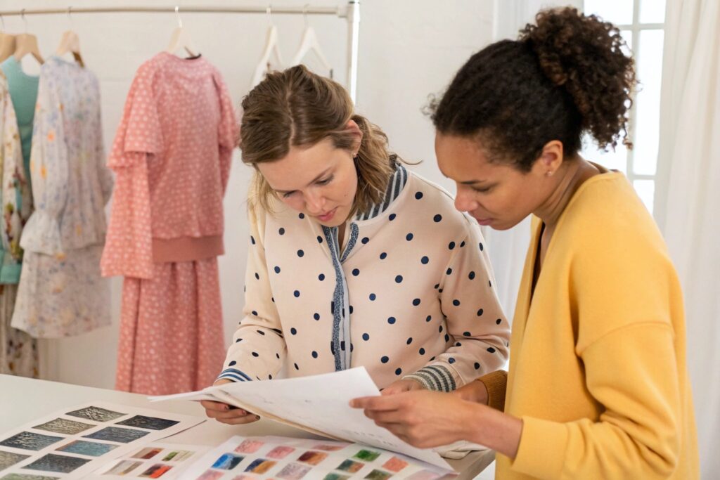 Kidswear design team reviewing fabric swatches and garment samples