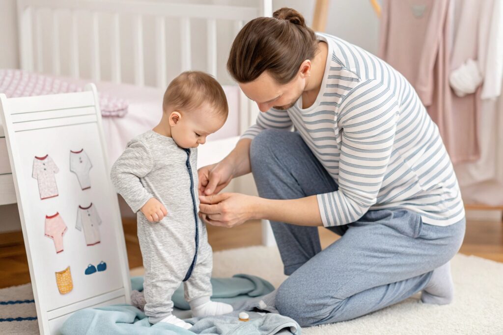 Parent and child working together to dress in a baby onesie, with baby clothes displayed in the background