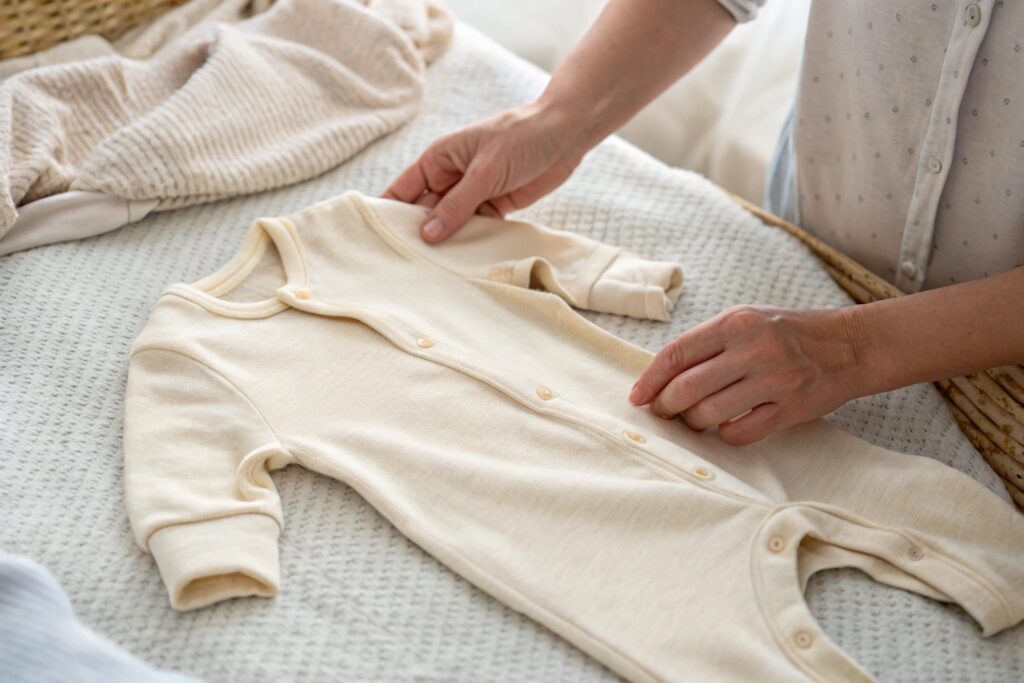 Parent gently touching a soft children's onesie