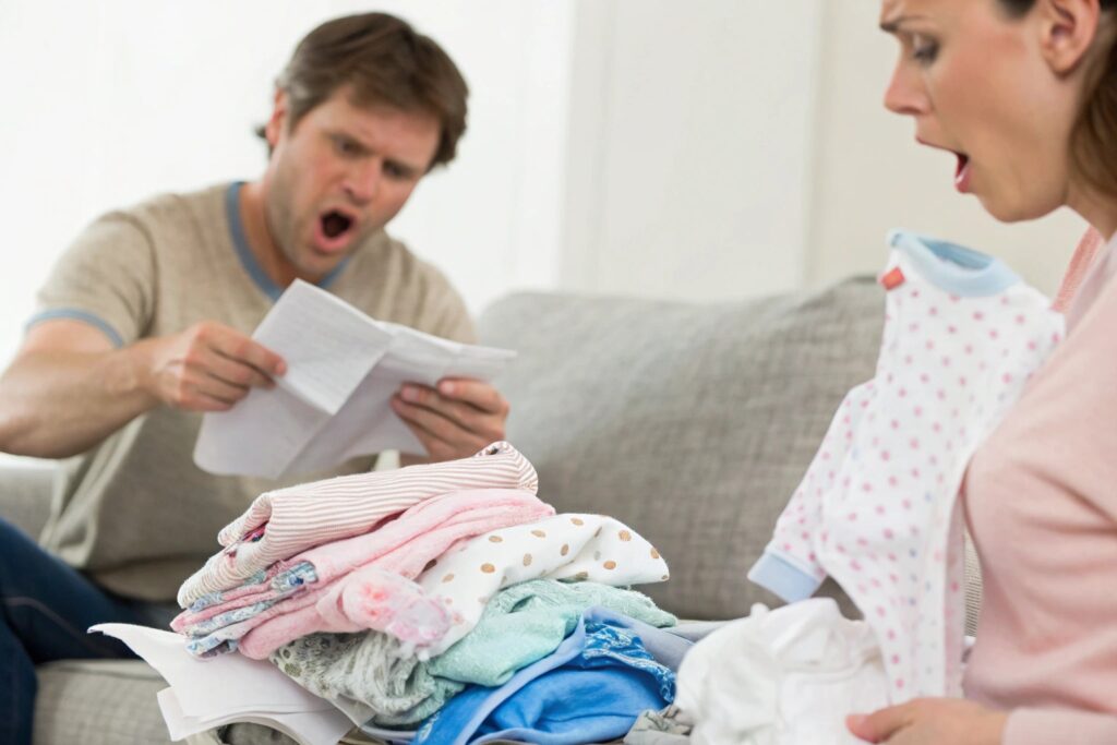Parents looking at a pile of children's clothing in surprise
