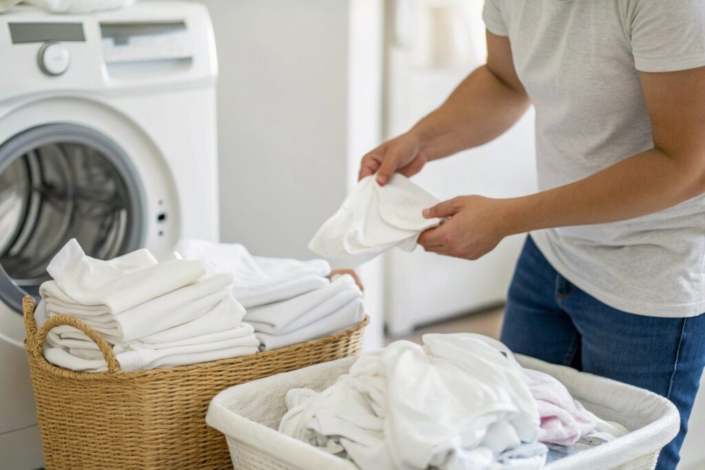 Parent folding white laundry near a washing machine
