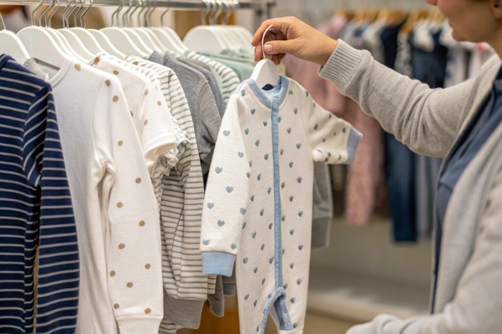 A parent selecting essential kids' clothing items from a store rack