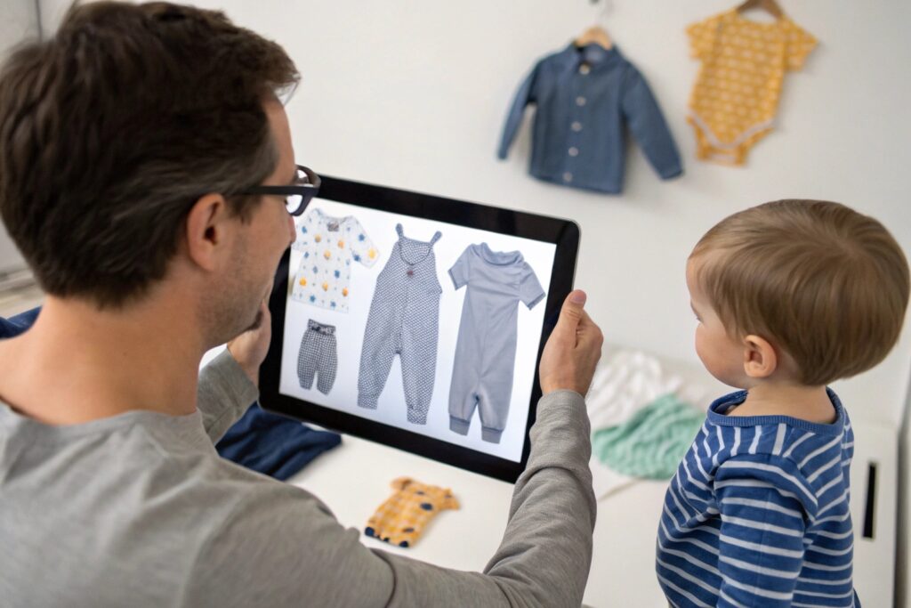 Parent showing clothing to child on tablet