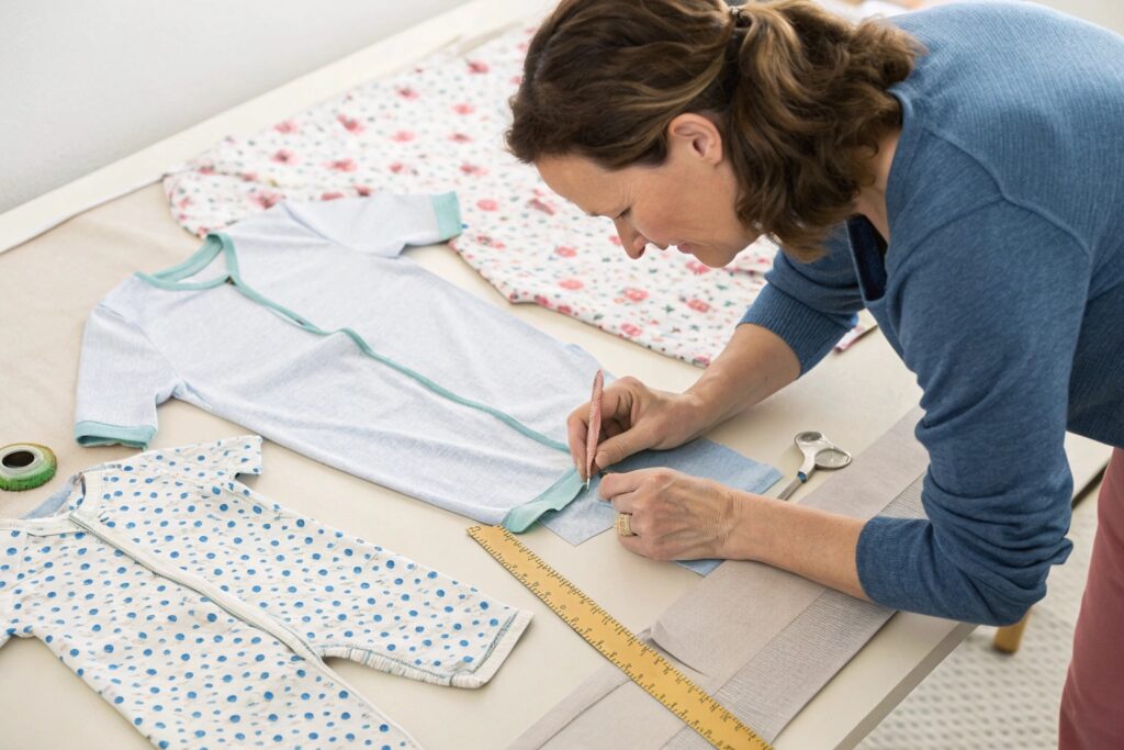 Pattern designer adjusting babywear