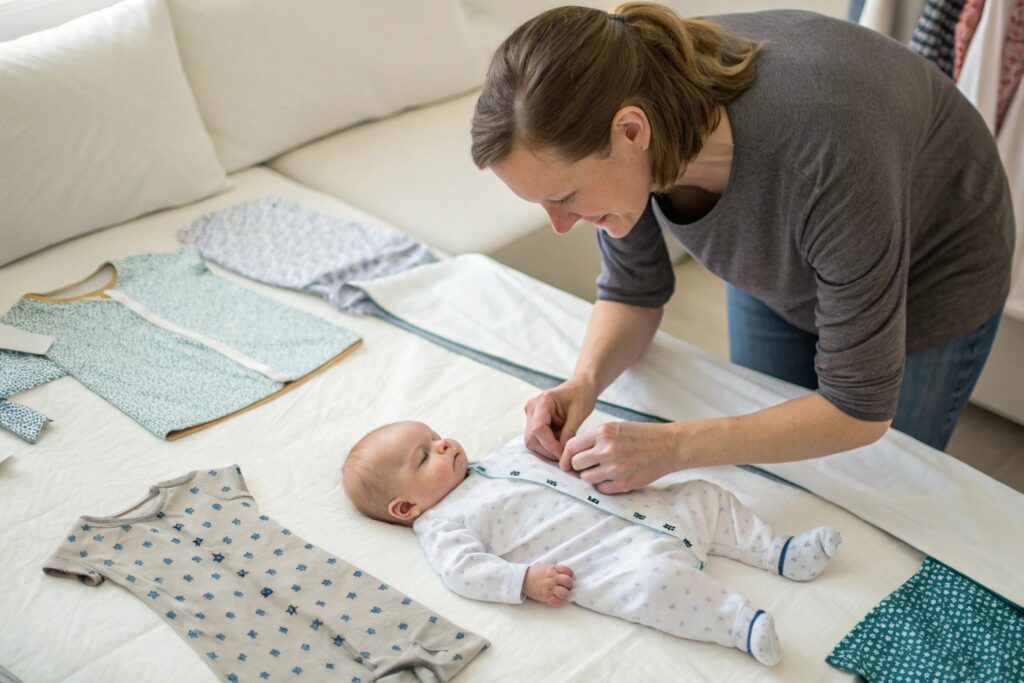 Pattern designer fitting baby clothes