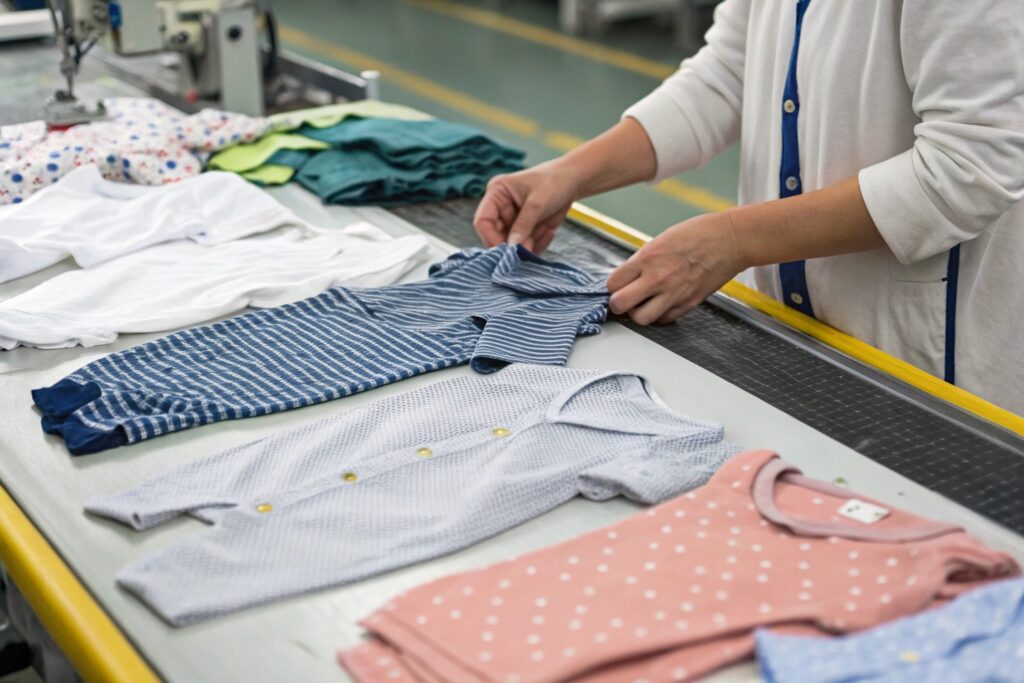 Quality control technician inspecting clothing