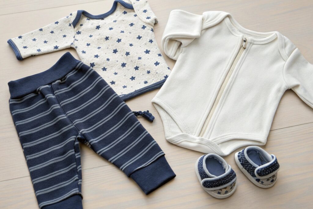 Set of clothes designed for a baby, including a star-patterned onesie, striped pants, and soft shoes