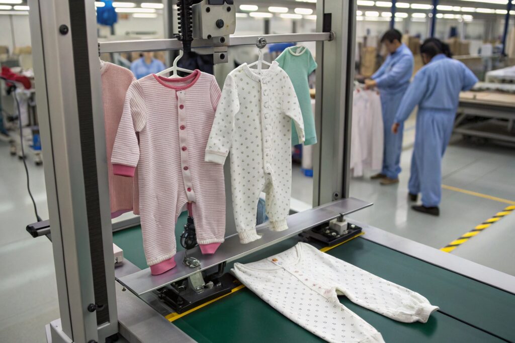 baby onesies on production line in garment factory, manufacturing process for kids clothing