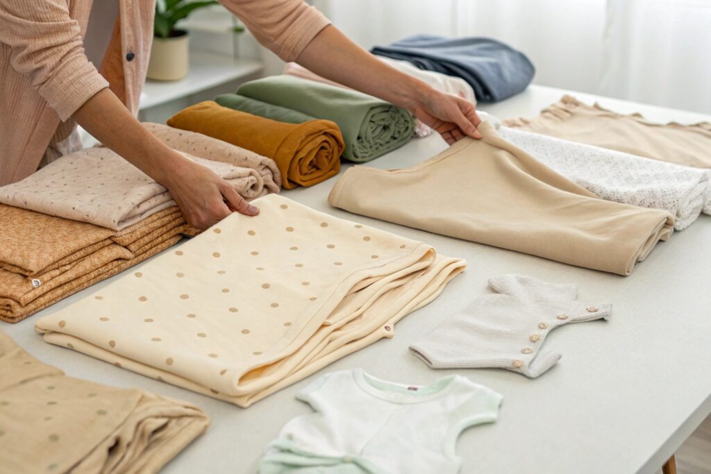 A variety of soft, organic children's clothing neatly folded on a table