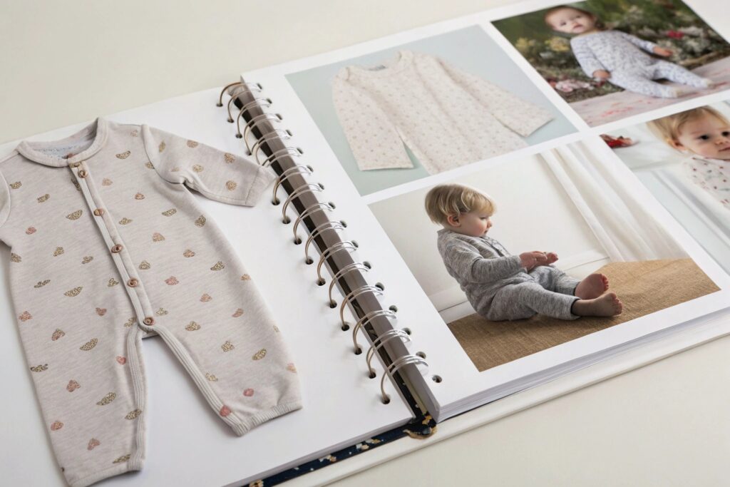 baby onesie catalog with product images and a child model, showcasing various designs