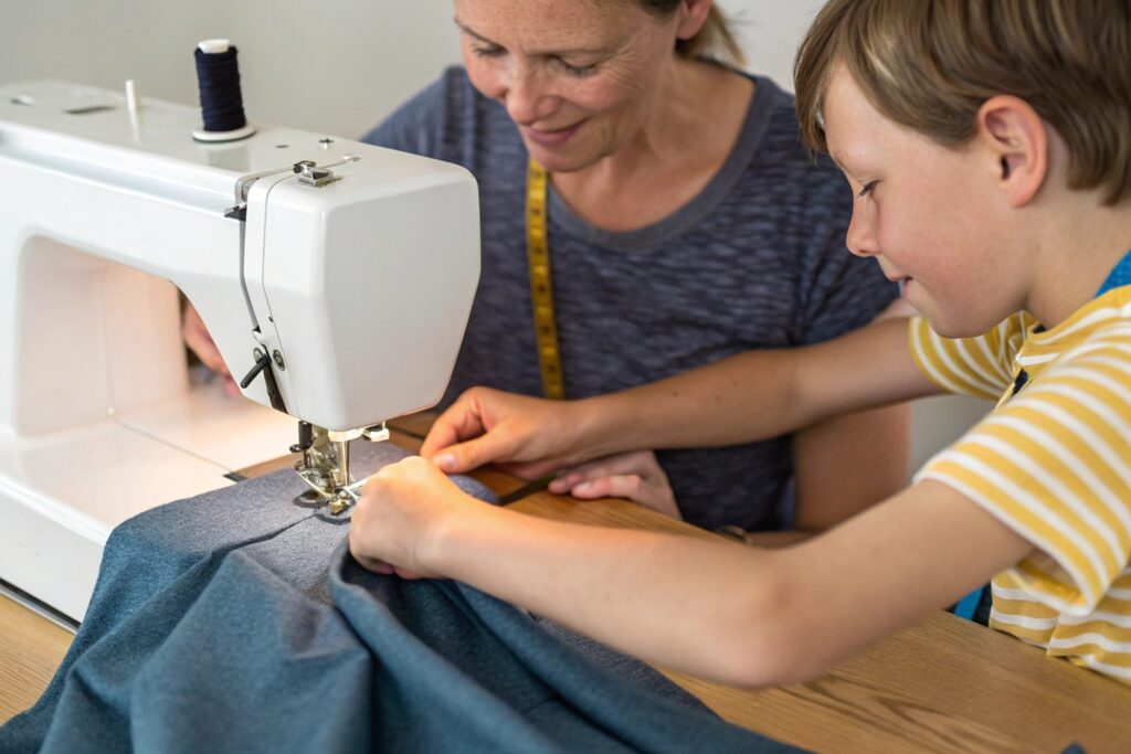 Adult teaching child how to sew fabric on machine