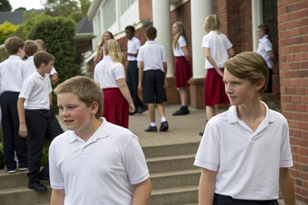 Group of students in school uniforms outside building