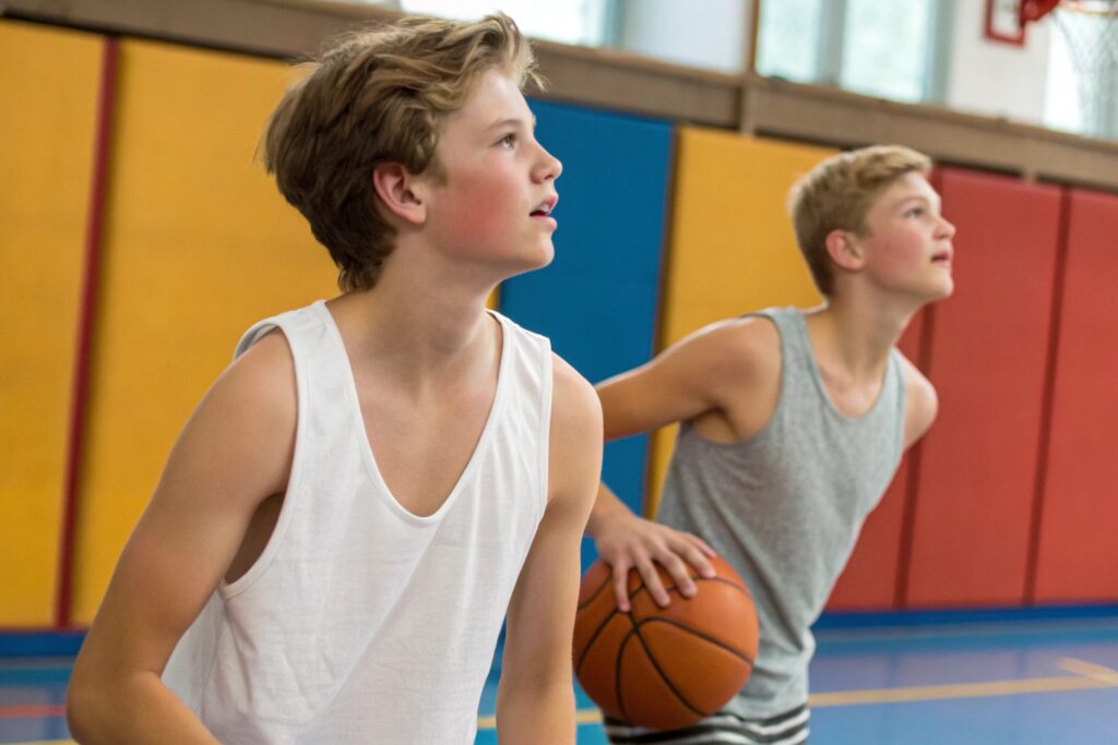 Teen boys in tank tops playing basketball indoors