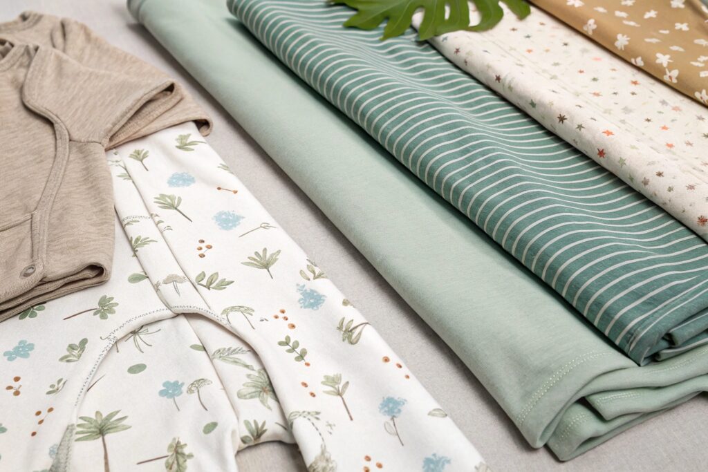Eco-friendly kids' wear fabrics in soft pastel colors, featuring floral and striped patterns