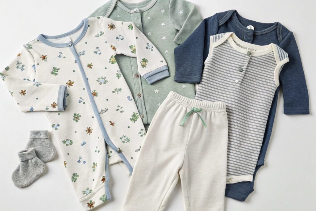 Assorted children's clothing with floral and striped designs assorted kids' clothing including onesies, pants, and socks with nature patterns