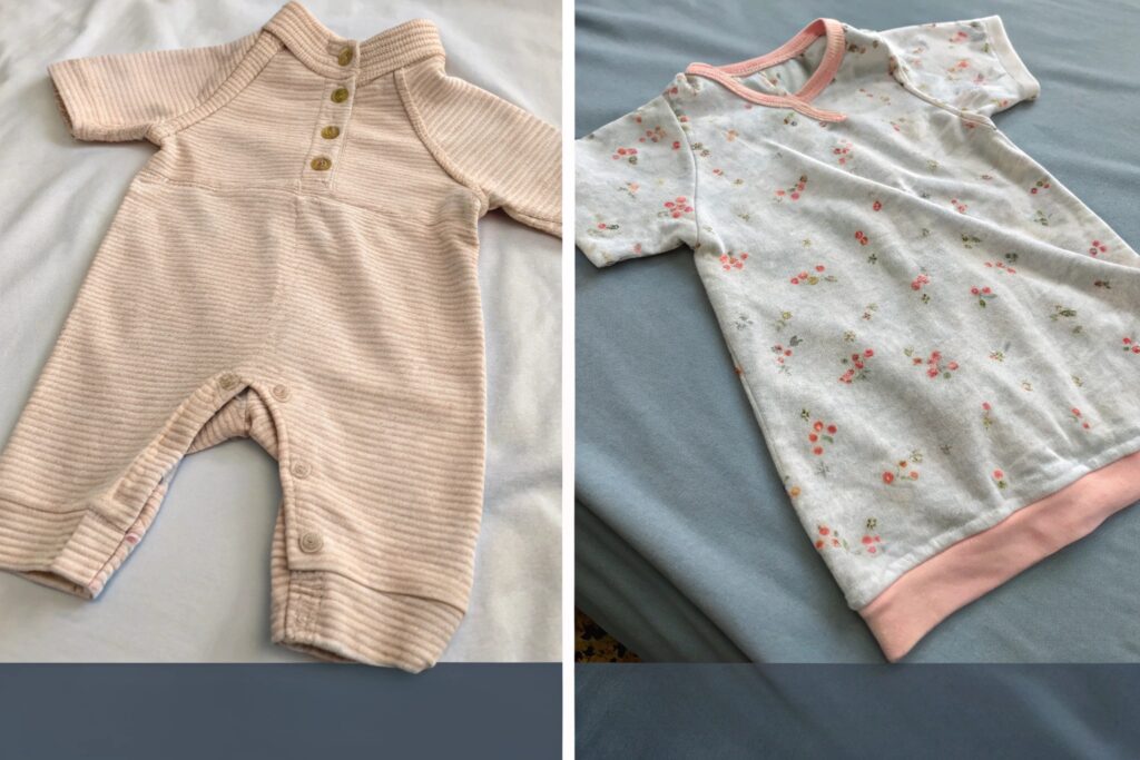 comparison of baby romper with buttons and floral dress with pink trim