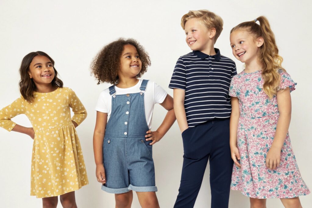 Group of children wearing various colorful outfits in casual modern style