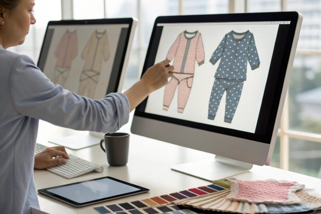 Designer working on digital babywear designs with color swatches and a tablet