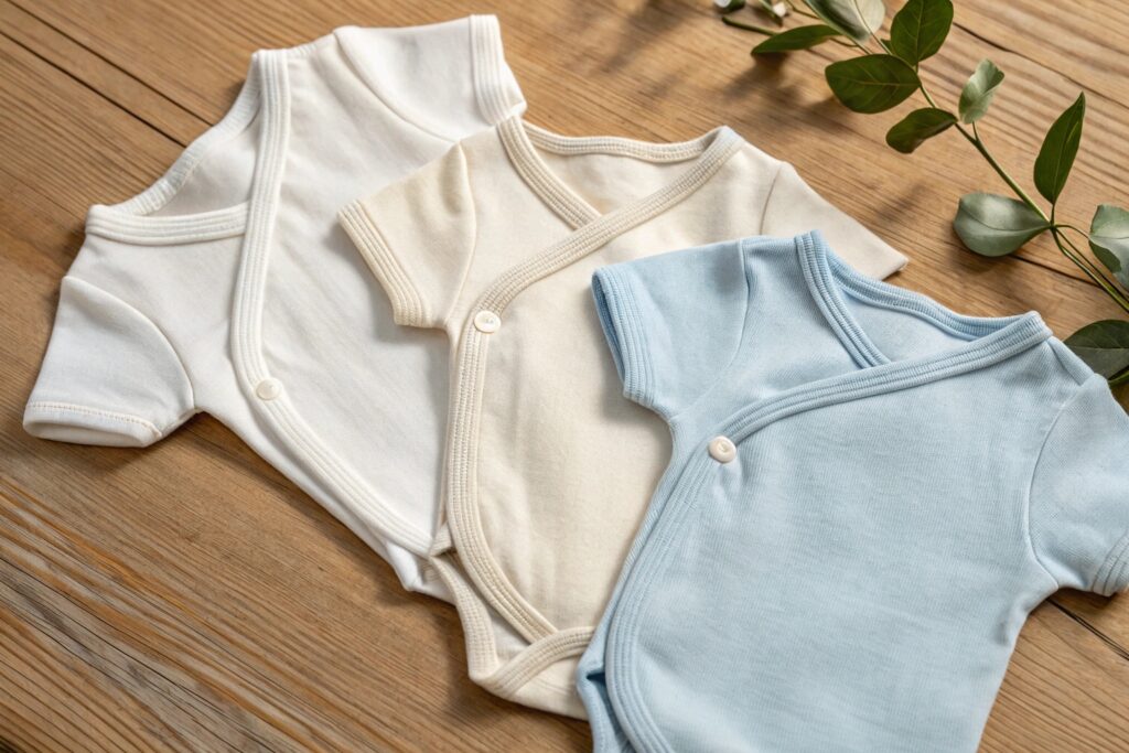 Baby bodysuits in white, beige, and light blue on a wooden surface with greenery