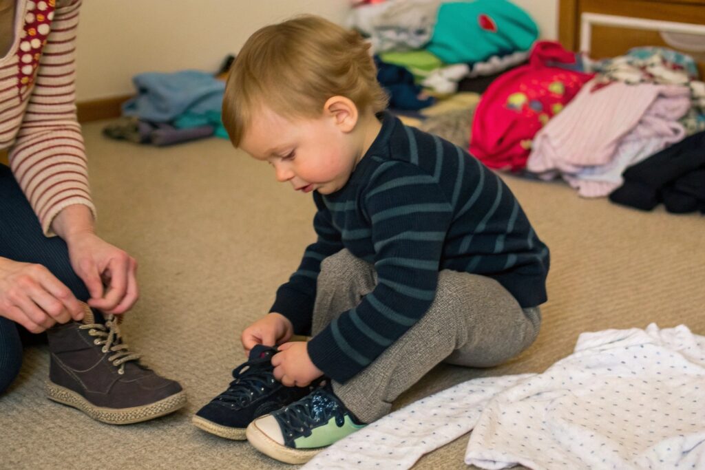 3-Year-Old European Child Confidently Putting on Shoes