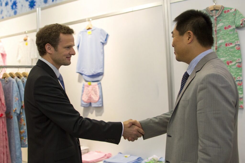 American business owner shaking hands with a Chinese partner at a trade fair