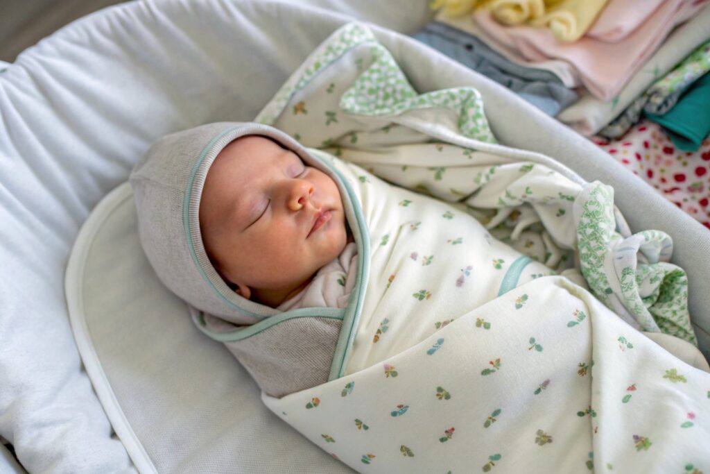 Baby comfortably wearing certified Oeko-Tex cotton