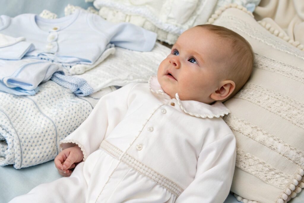 Baby in a premium outfit with careful detailing