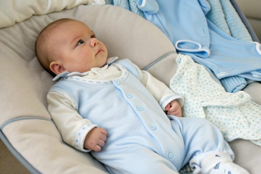 Baby wearing a soft, high-quality babywear item