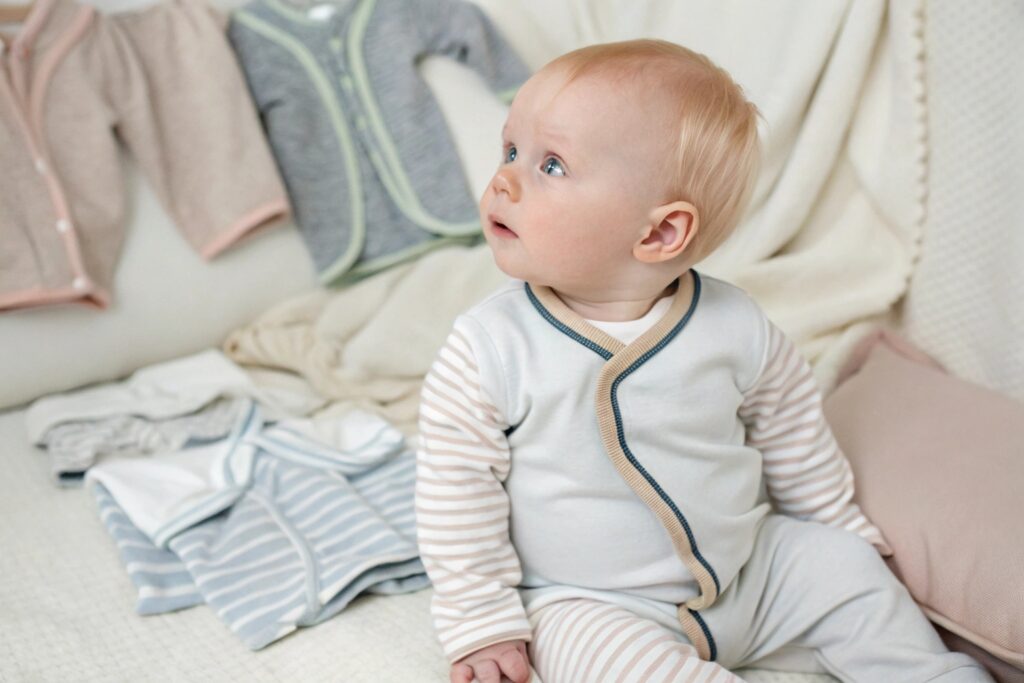 European baby wearing a sleek, gender-neutral onesie