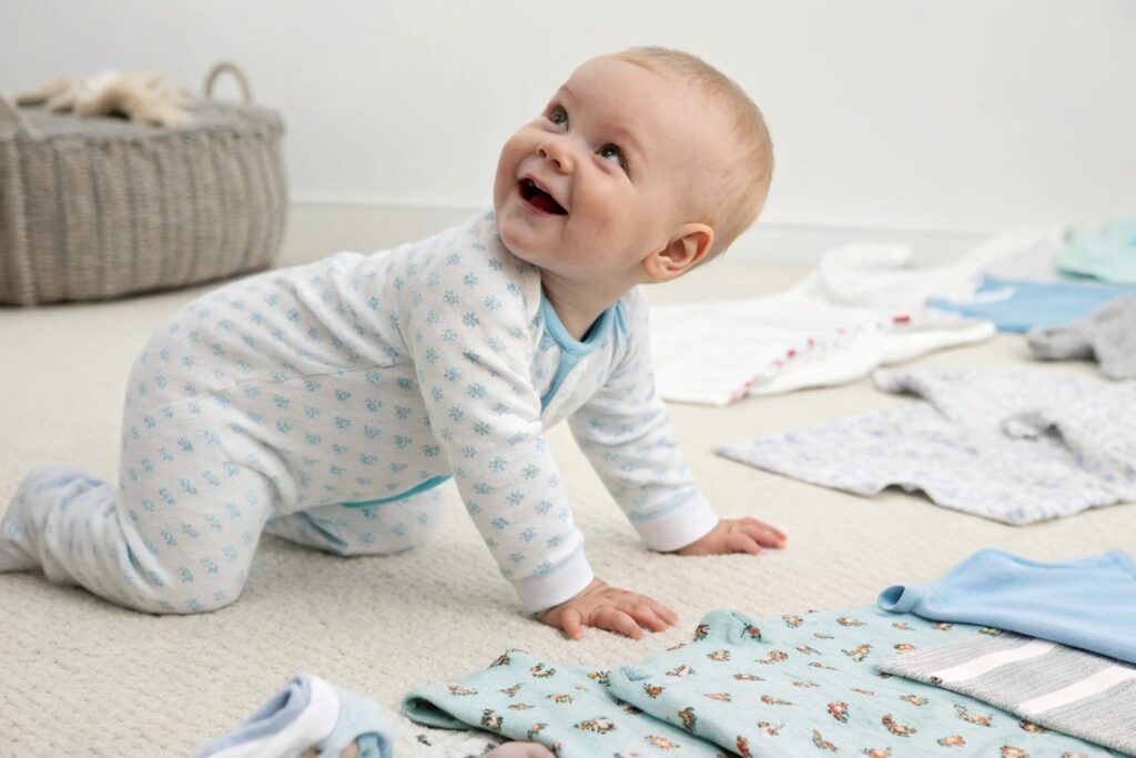 Baby wearing a onesie with enough room to move