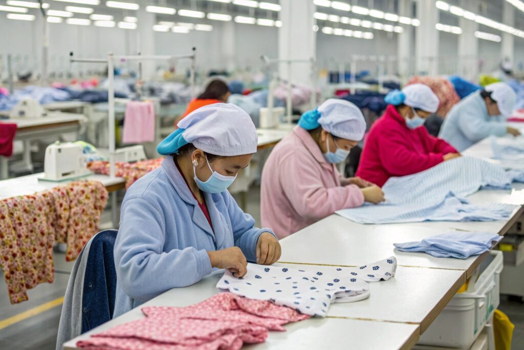 Chinese workers efficiently sewing babywear in a factory