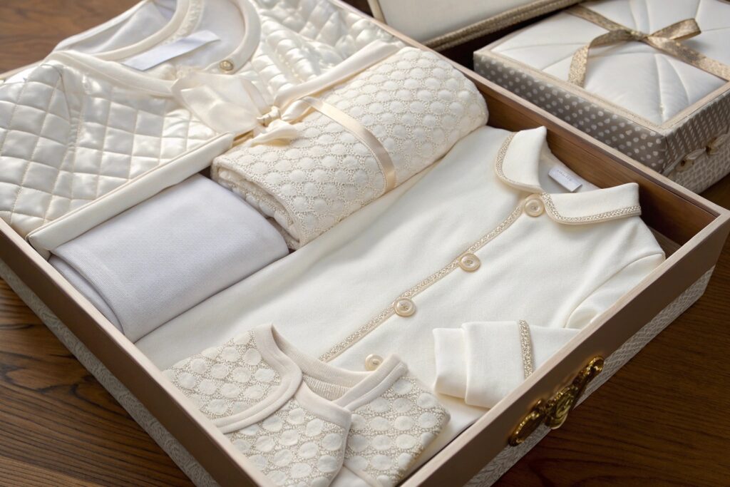 Beautifully wrapped luxury baby clothing gift set with soft fabrics