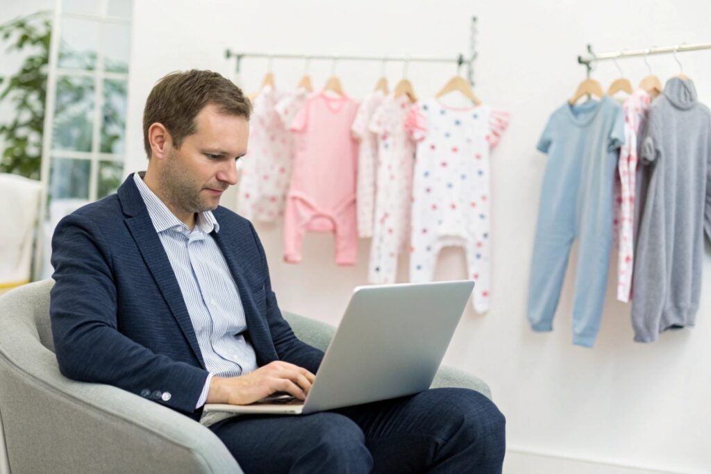 American brand manager receiving real-time updates on babywear sales