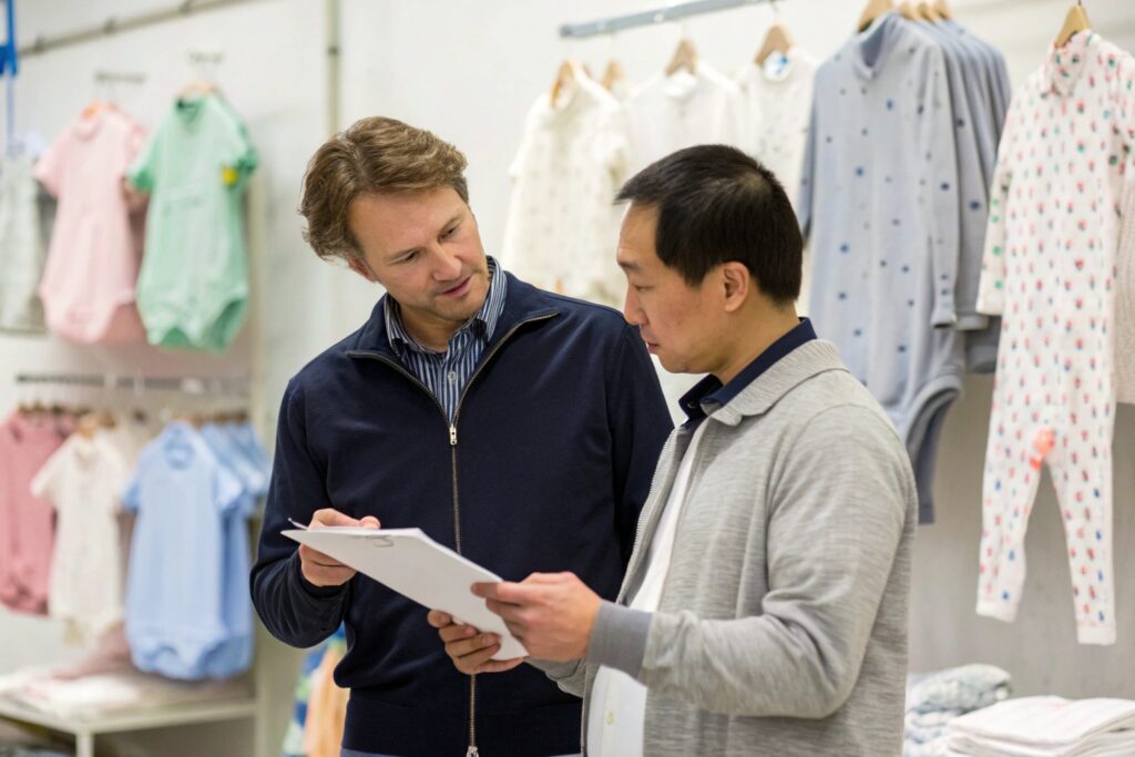 Brand manager and supplier discussing production
