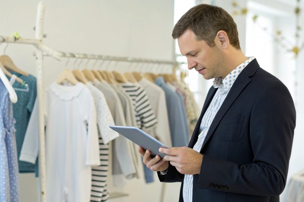 European brand manager reviewing a product display on a tablet