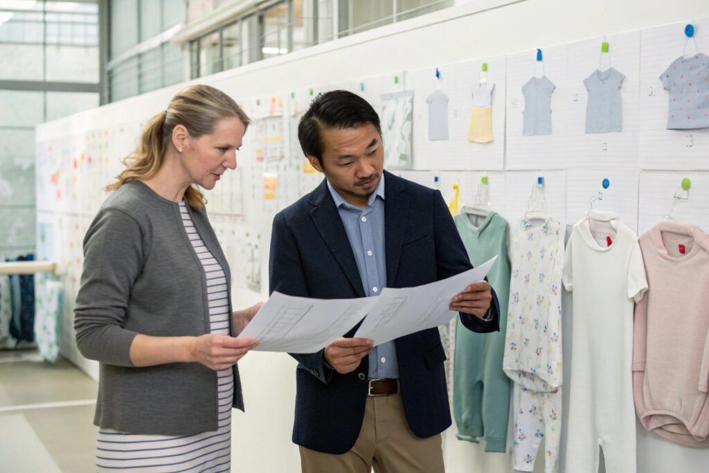 Brand manager reviewing a timeline with a colleague