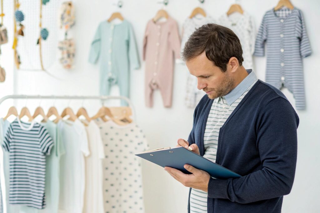 European brand manager reviewing sales data in a clothing store