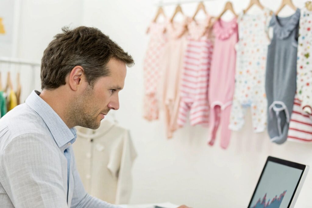 European brand manager reviewing retail analytics on a laptop